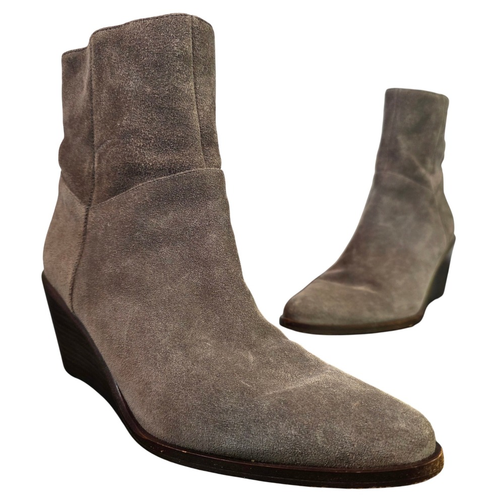 VINCE 9.5 Mavis Wedge Booties Gray Suede‎ Minimalist Quiet Luxury Ankle Boots